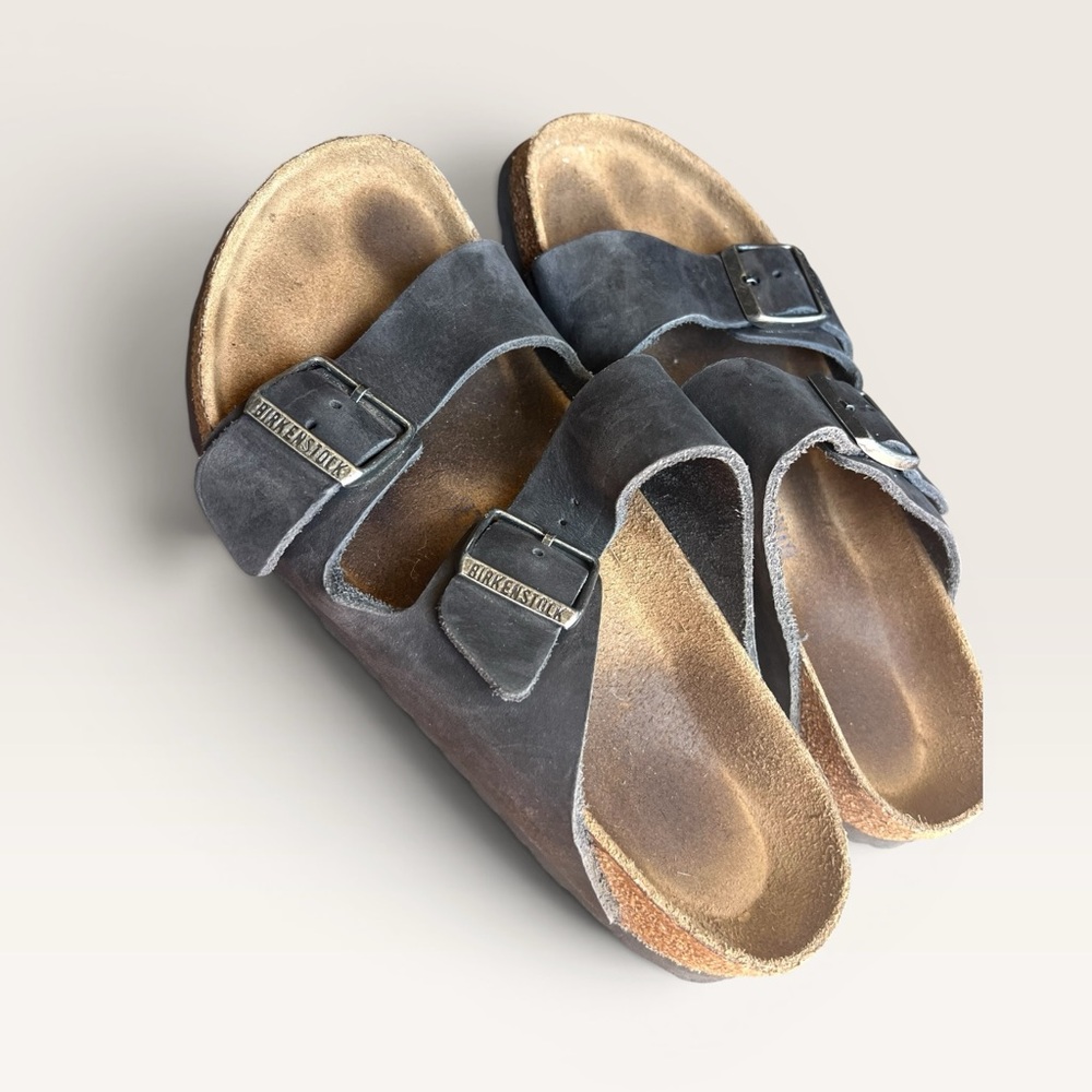 Birkenstock Arizona Black Leather Sandals Size 8 Double Strap Buckle Slides - Picture 2 of 10
